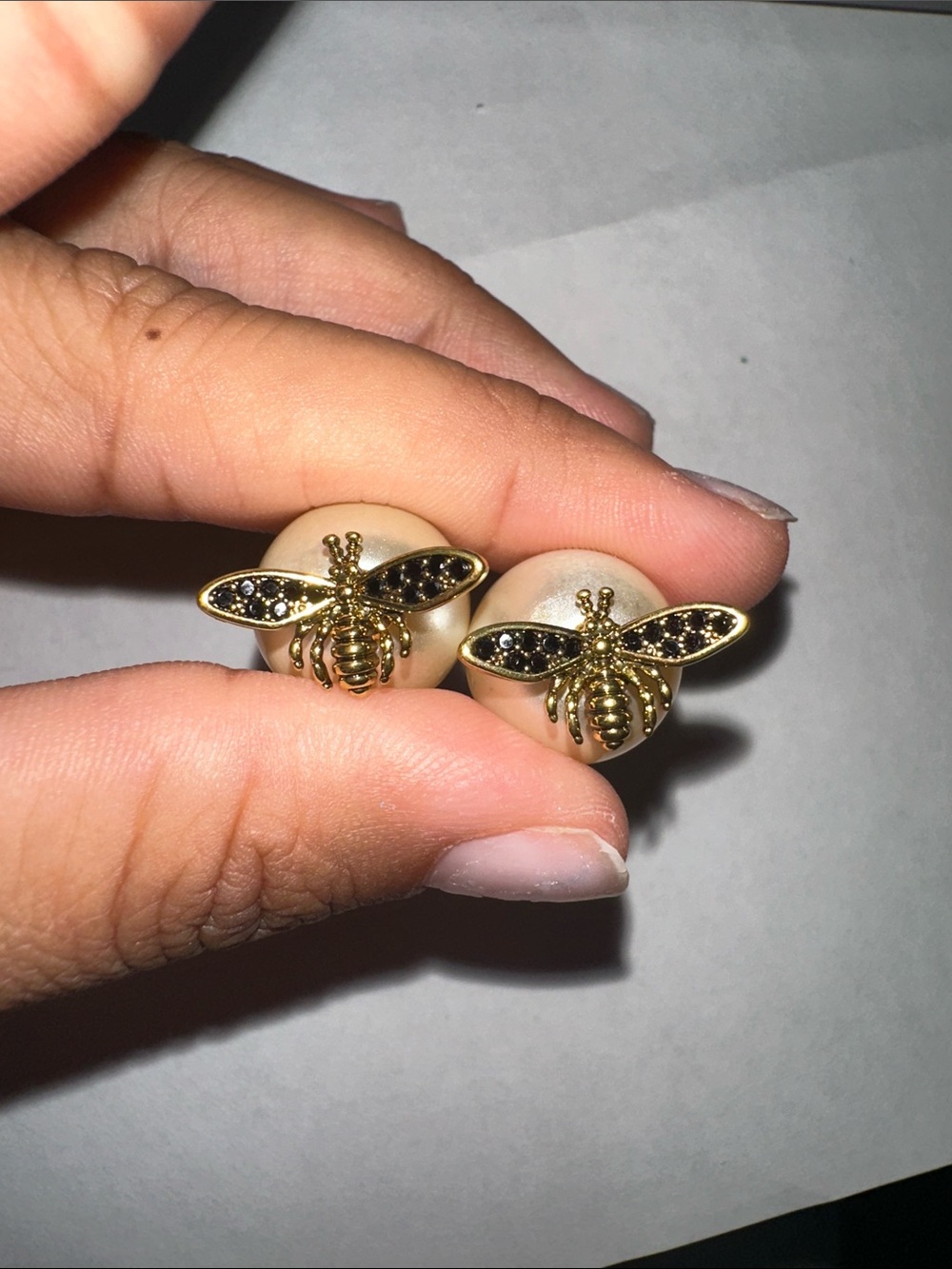 18k Gold Plated, Gold Bee Pearl Stud Earrings - Women's Fashion Jewelry